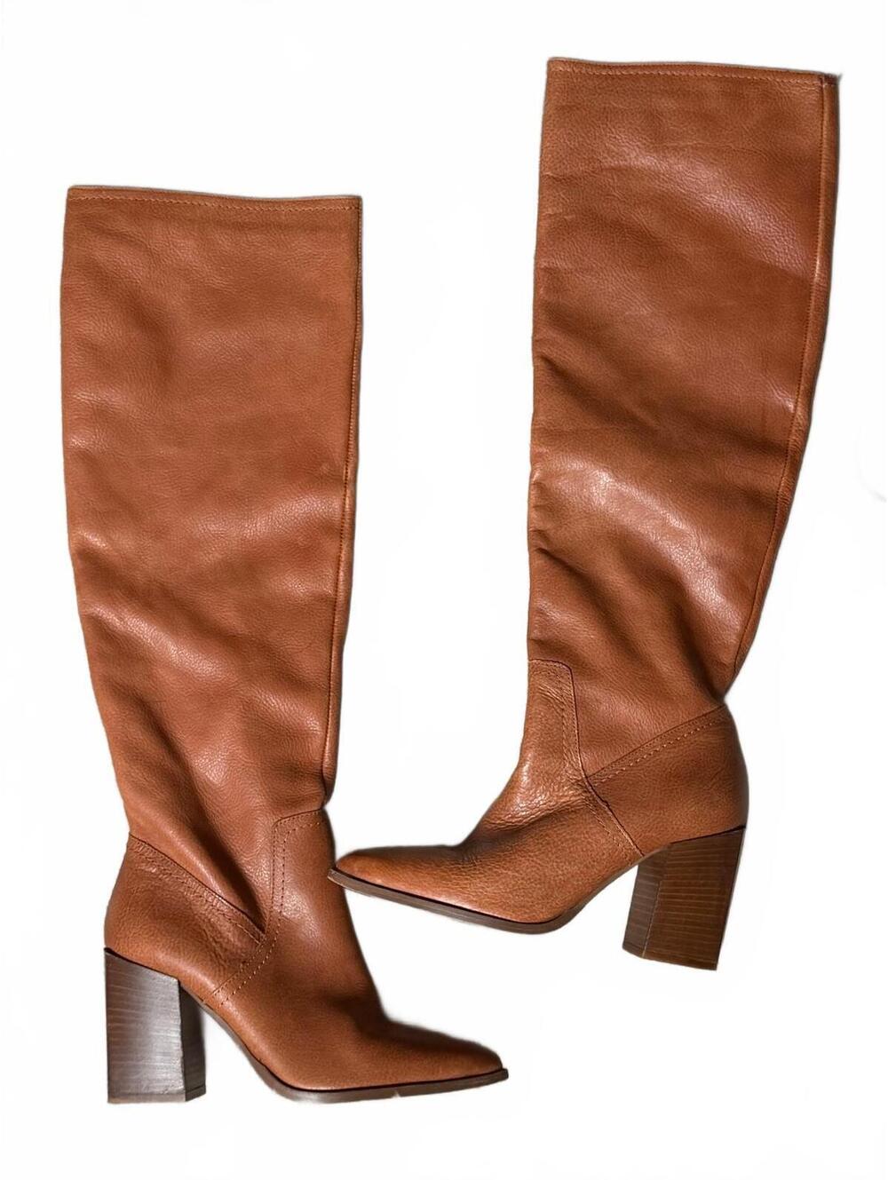 Free People Tan Leather Slouch Knee High Boots Block Heel Pointed Toe Boho 37 7